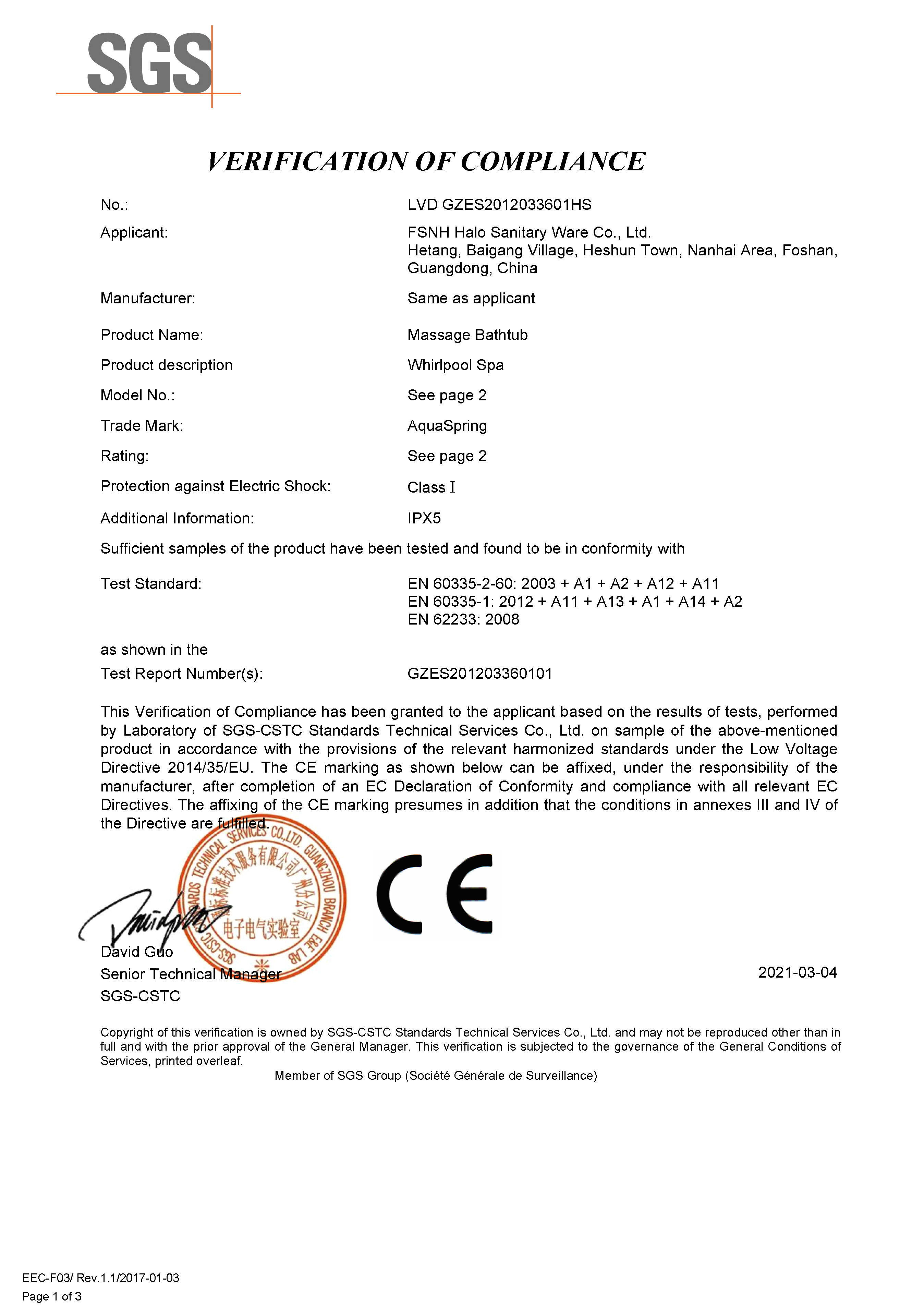 CE-LVD certificate from AquaSpring spas 2021