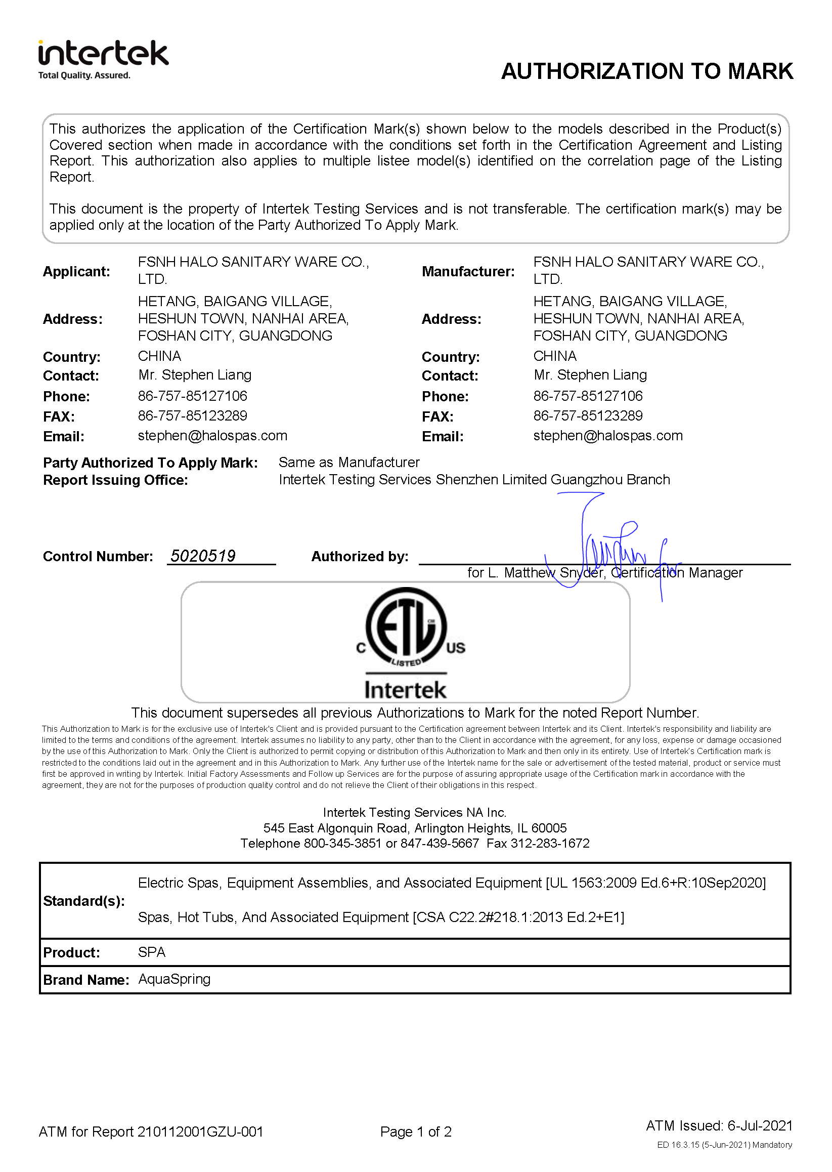 ETL certificate from AquaSpring spas