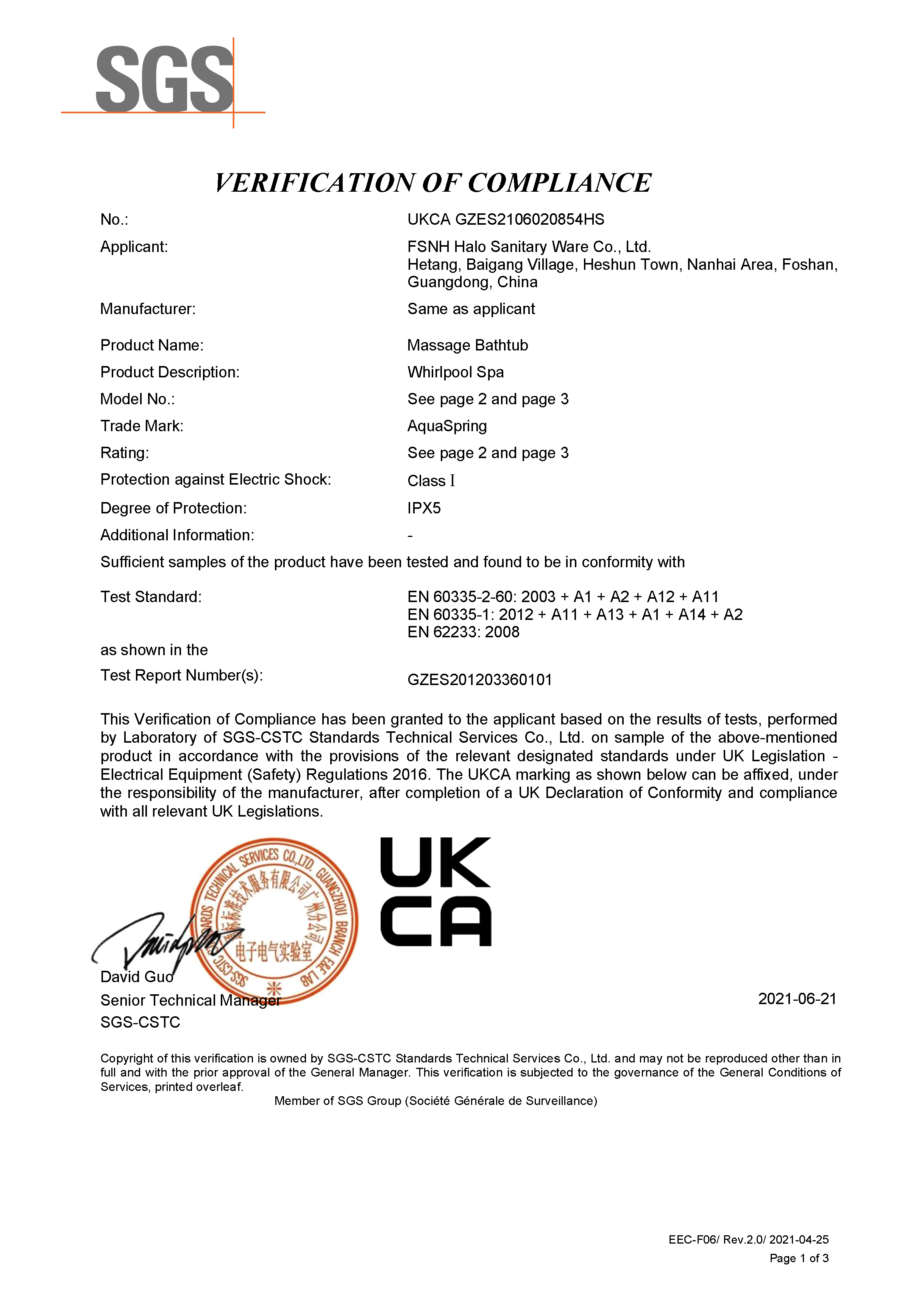 UKCA certificate from AquaSpring spas 2021